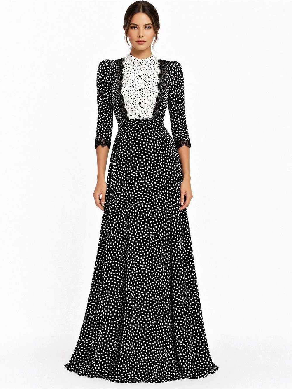 Polka Dot Tie Neck Maxi Dress in Black & White